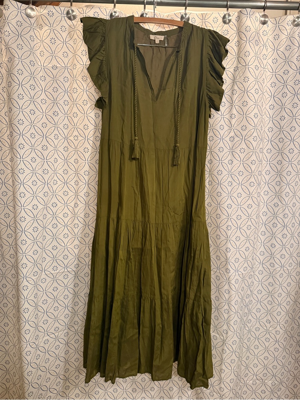 Elan Olive Green Tassel-Tie Ruffle Sleeve Maxi Dress